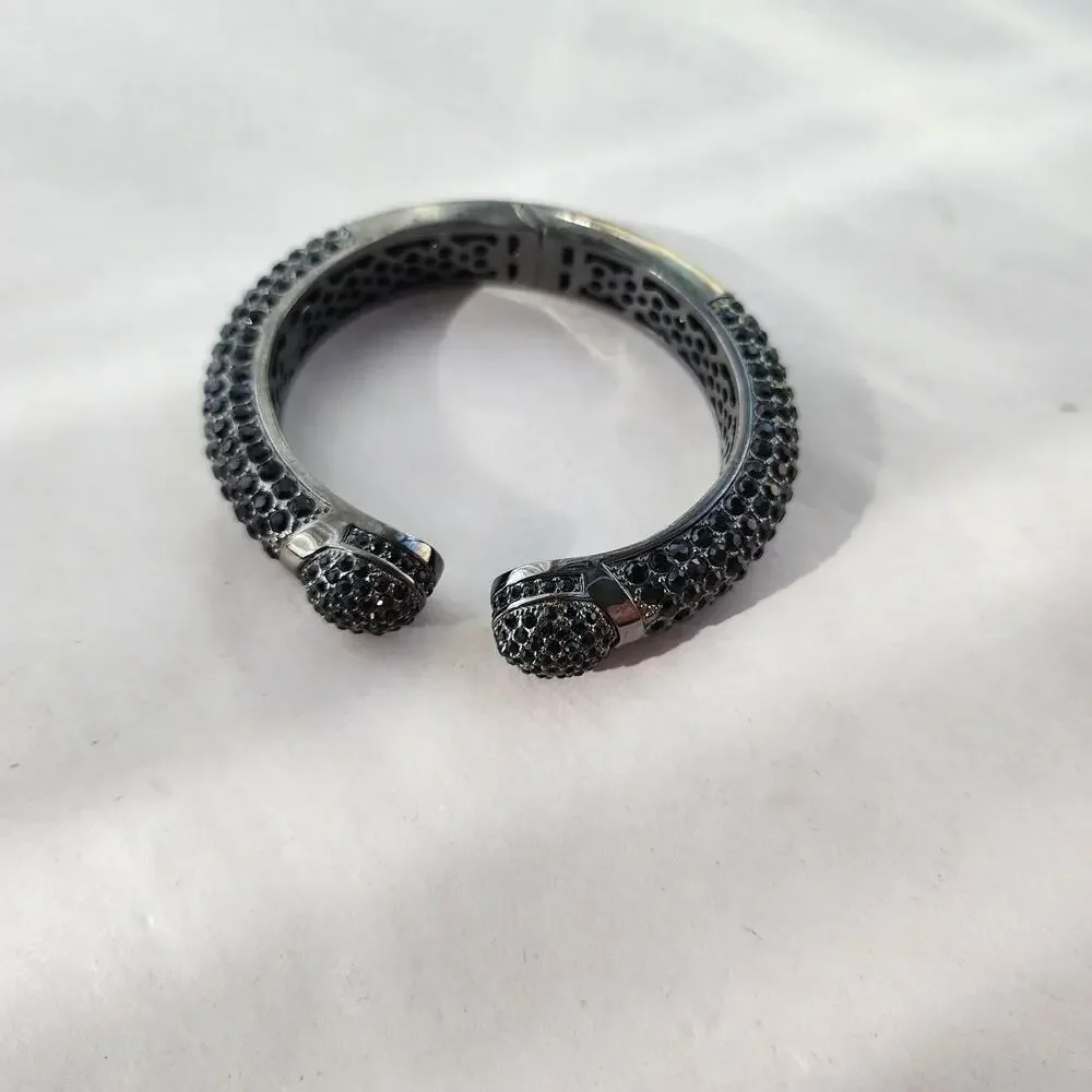 Vintage Joan Boyce Black Rhinestone Gunmetal Clamper Bangle‎ Bracelet Crystals